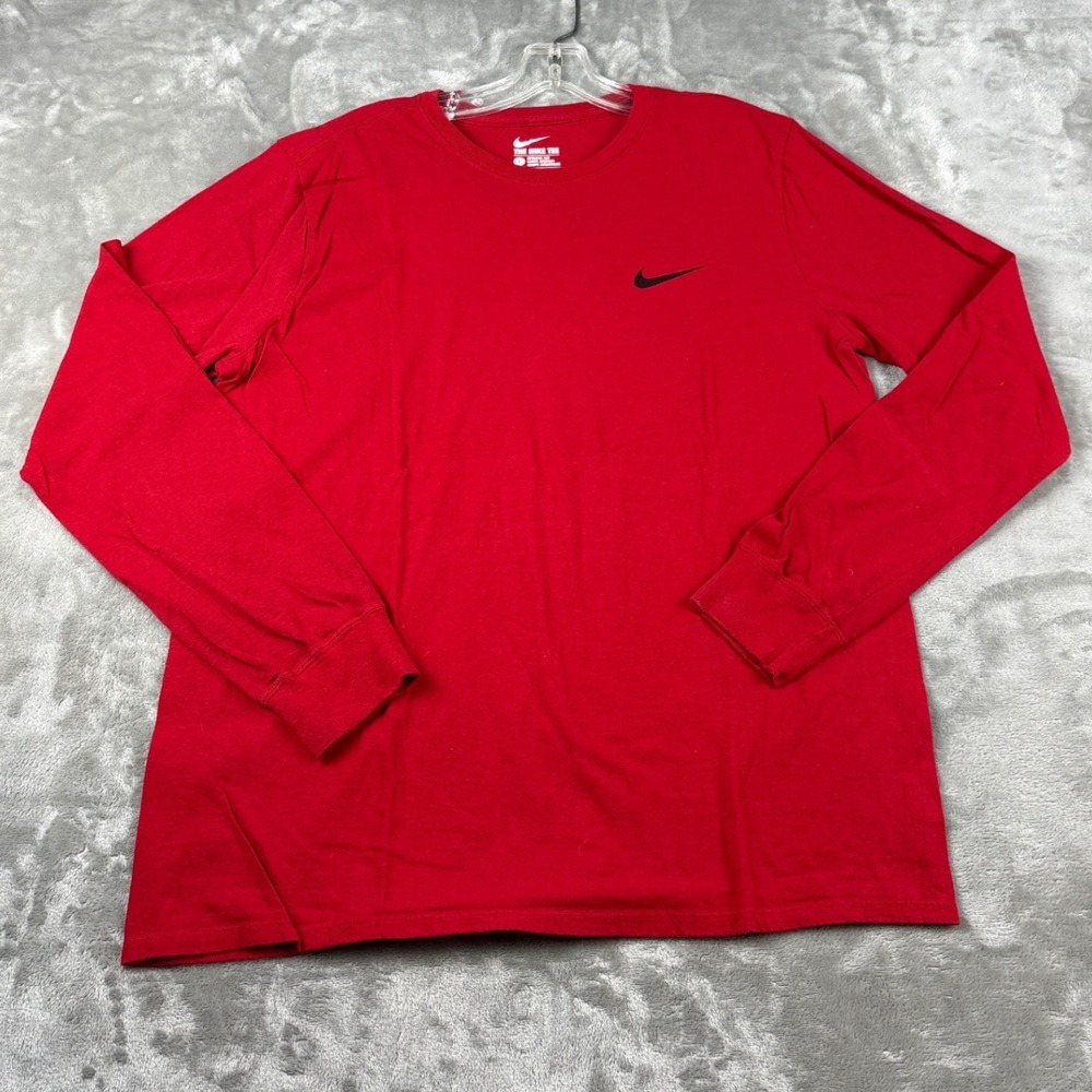Nike‎ Mens Long Sleeve T-Shirt Red Athletic Cut Swoosh Logo Size L Cotton Tee